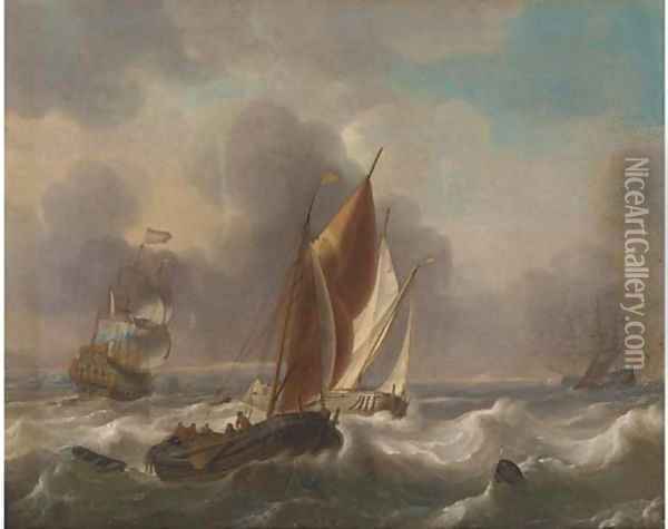 A Dutch man-o'-war and other shipping in choppy seas Oil Painting - Ludolf Backhuysen