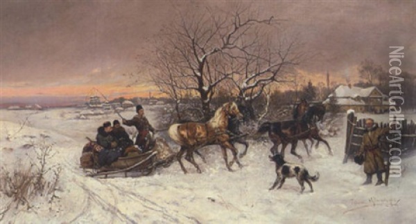 Ankunft Des Pferdeschlittens Oil Painting - Thaddaus von Ajdukiewicz
