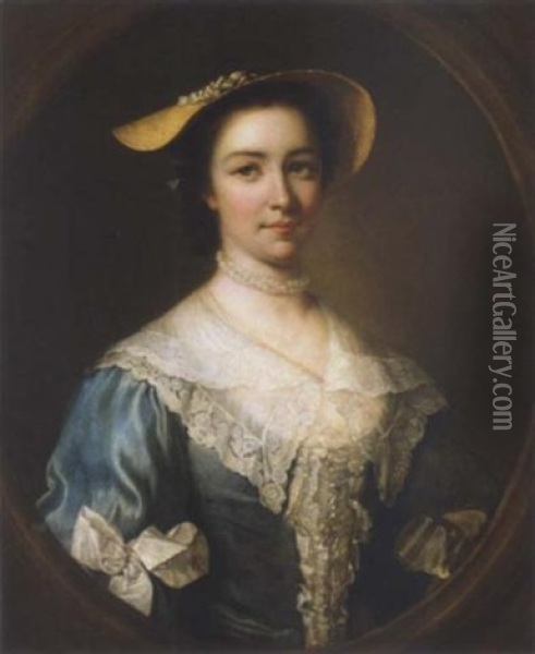 Portrait Of A Lady Wearing A Blue Dress, A Straw Bonnet And A White Lace Shawl Oil Painting - George Knapton