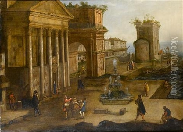 A Capriccio Of A Roman Harbour With A Traveller And His Mule, A Fisherman At The Quayside And Other Figures Oil Painting - Viviano Codazzi