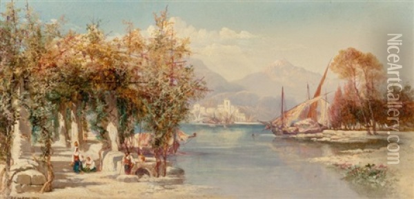Italian Lake With Sailboats And Figures Collecting Water, 1887 Oil Painting - James Duffield Harding