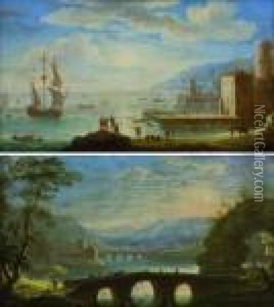 A)veduta Di Porto Mediterraneo Con Un Vascello E Astanti In Primo Piano Oil Painting - Orazio Grevenbroeck