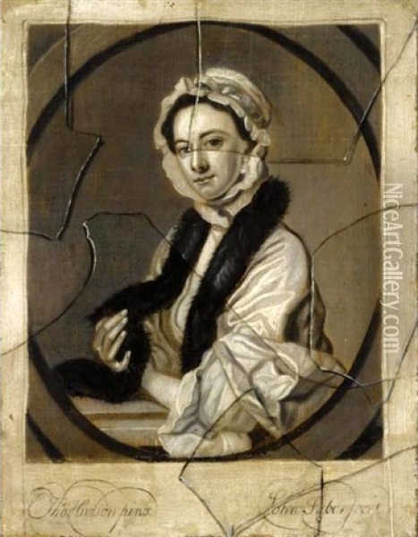 An Engraved Female Portrait After Thomas Hudson Seen Behind Broken Glass Oil Painting - John Faber the Younger
