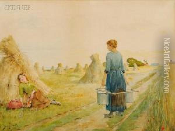 Afternoon In The Hay Fields Oil Painting - Henry Bacon