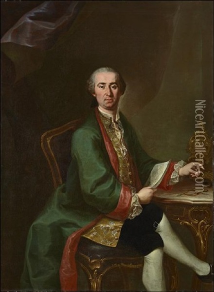 Portrait Of A Gentleman, Traditionally Identified As Francesco Barletta, Seated At A Desk Oil Painting - Giuseppe Bonito