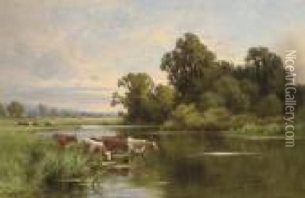 Evening On The Banks Of The Ouse Oil Painting - Henry Hillier Parker