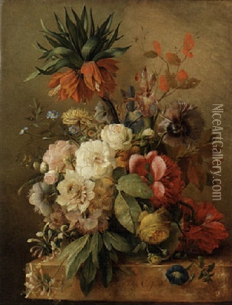 An Imperial Lily, Peonies, Roses, Irises, Honeysuckle, Morning Glory And Poppies In A Glass Vase On A Stone Ledge Oil Painting - Jan van Os