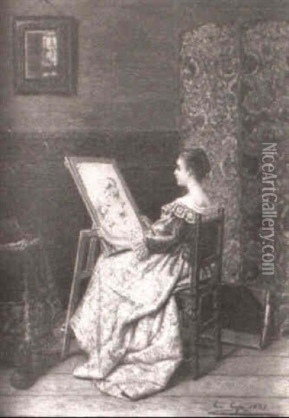 Interior Scene With Seated Woman Viewing Her Painting Oil Painting - Constant Aime Marie Cap
