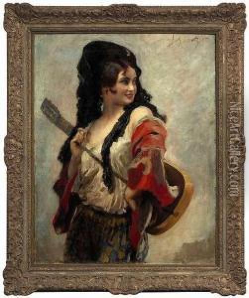 A Southern Dancer With A Guitar Oil Painting - Leopold Schmutzler