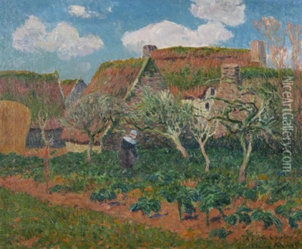 Bretonnes Jardinant Pres Des Chaumieres Oil Painting - Henry Moret