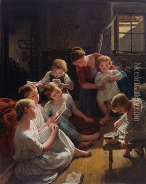 Kinder Am Morgen Bilder Betrachtend Oil Painting - Ferdinand Georg Waldmueller