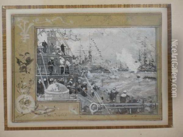 Combat Naval Oil Painting - Luigi Loir