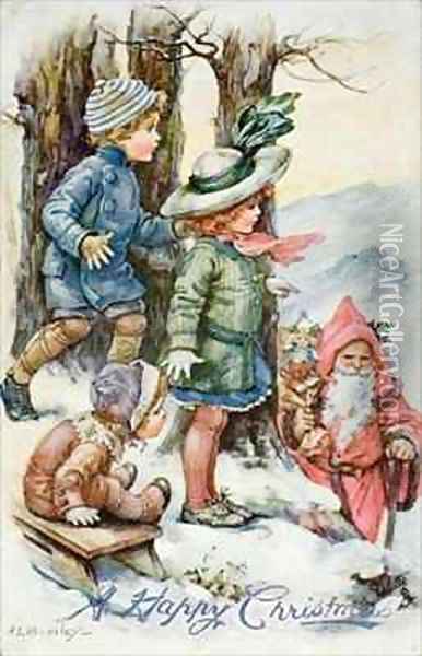 Father Christmas and Children in Snow Oil Painting - A.L. Bowley