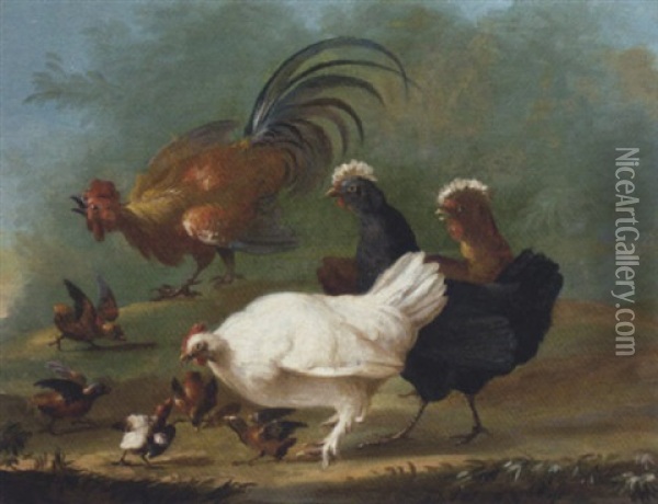 Chickens, Chicks And A Cockerel In A Landscape Oil Painting - Pieter Casteels III