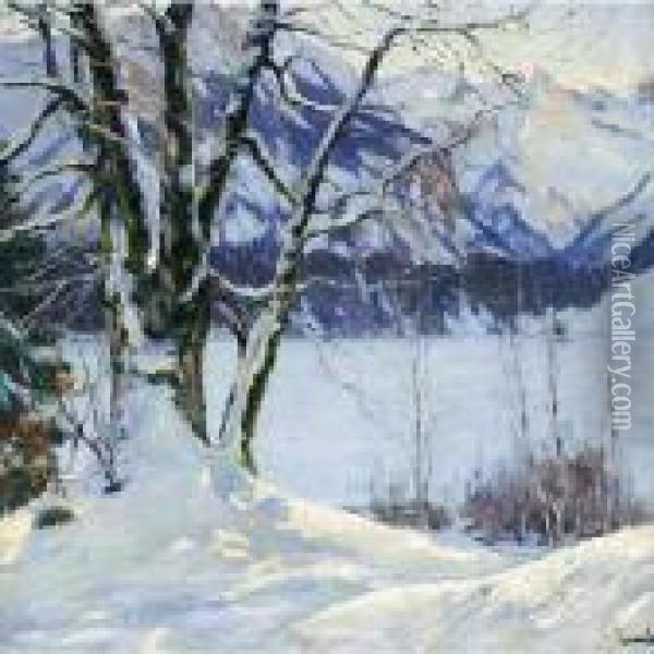 A Frozen Lake In A Mountainous Winter Landscape Oil Painting - Edward Alfred Cucuel