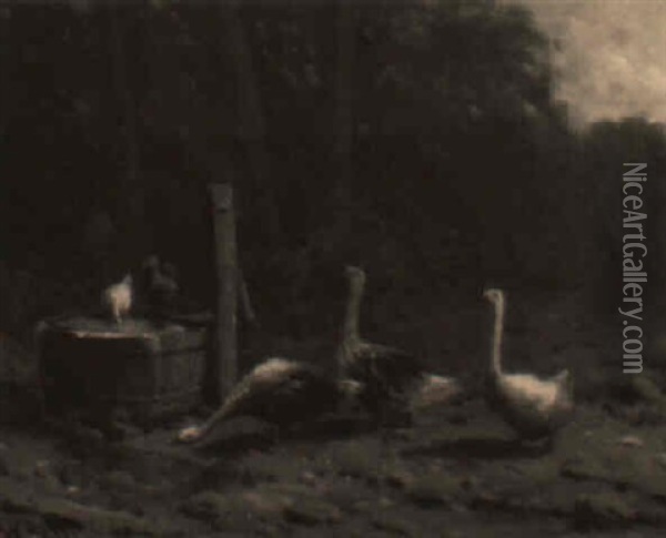 Geese In The Barnyard Oil Painting - William Blair Bruce