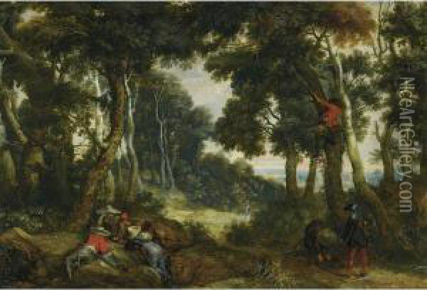 A Wooded Landscape With Brigands Playing Dice, Another Brigand Upin A Tree, On The Lookout Oil Painting - Jan Wildens