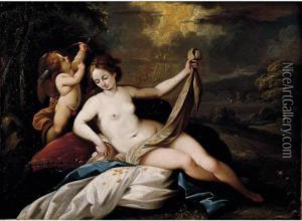 Venere Con Amorino In Un Paesaggio Oil Painting - Giuseppe Nuvolone