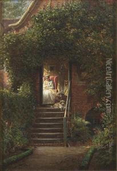 A Nursing Woman Insidehouse Viewed From The Outside Garden With A Dog Lying On The Steps Oil Painting - Edward Lamson Henry