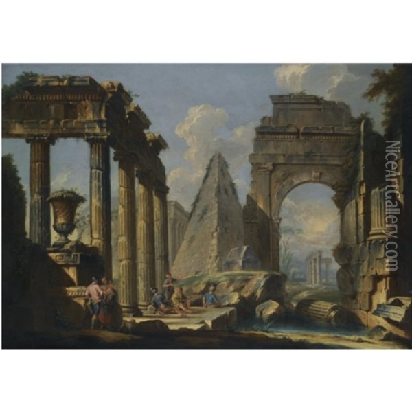 A Landscape With Classical Ruins And Figures Resting In The Foreground Oil Painting - Giovanni Paolo Panini