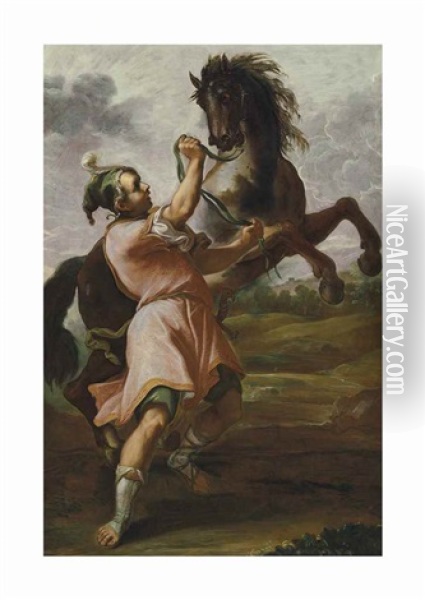 A Young Groom Holding A Rearing Stallion In A Landscape Oil Painting - Domenico Maria Canuti