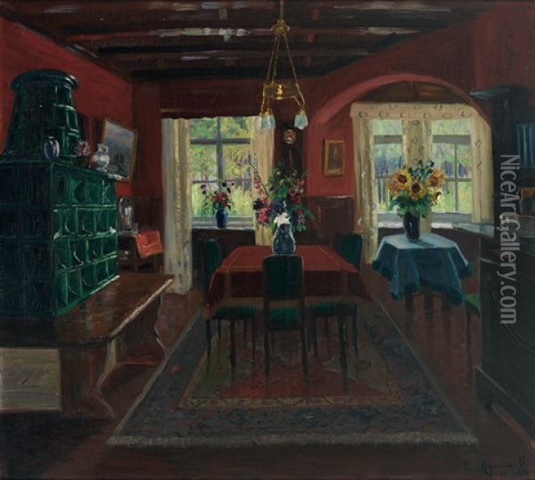 Interieur - Blick In Eine Gute Stube Mit Grunem Kachelofen Vor Roter Wand Oil Painting - Jakob Koganowsky
