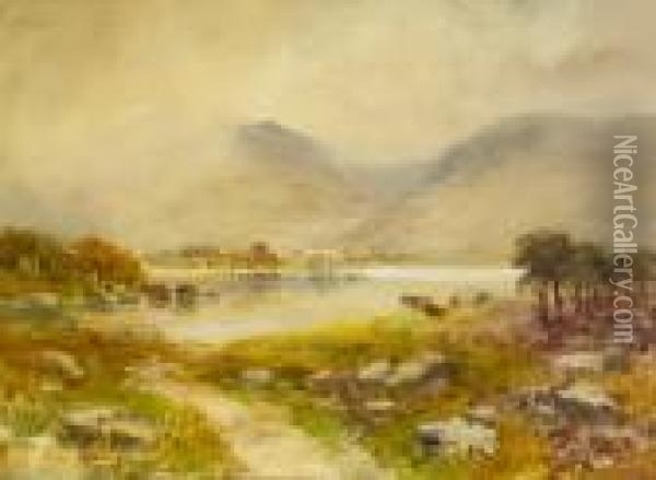 Cattle In Lake And Mountain Landscape Oil Painting - William Bingham McGuinness