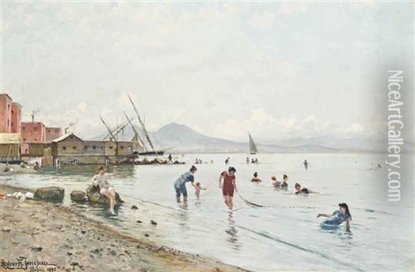 Bathers At Portici, Vesuvius Beyond Oil Painting - Holger Hvitfeldt Jerichau