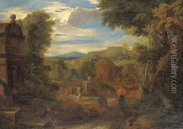 A capriccio of classical buildings in a landscape, figures in the foreground Oil Painting - Gaspard Dughet