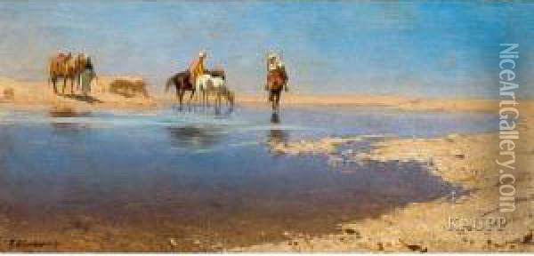 In Weiter Wustenlandschaft Durch Ein Seichtes Gewasserreitende Araber Oil Painting - Robert Poetzelberger