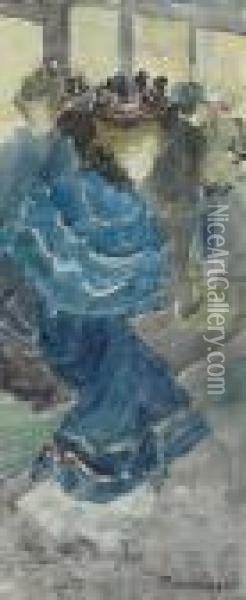 Elegant Woman In A Blue Dress Oil Painting - Maurice Brazil Prendergast