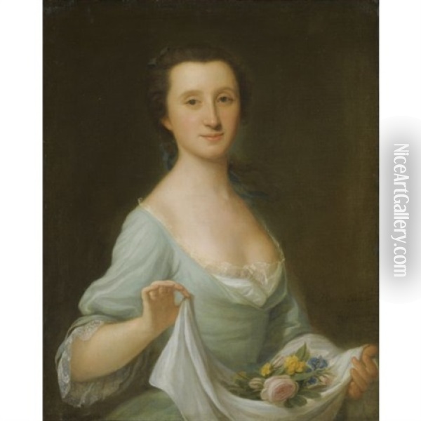 Portrait Of A Lady, Half Length, Holding A Cloth With Flowers Oil Painting - Giorgio Domenico Dupra