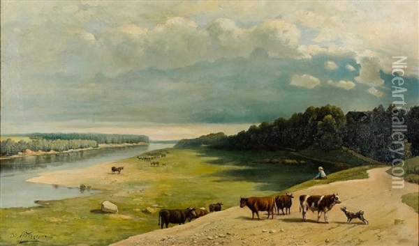 Cows In A Field Oil Painting - Julius Fedders