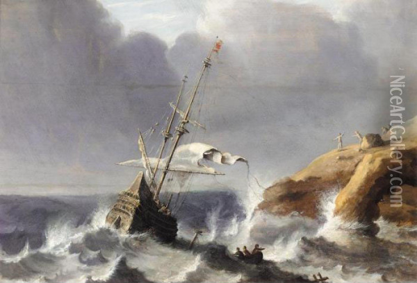 A Seascape With A Ship Before A Rocky Coast Oil Painting - Pieter the Younger Mulier