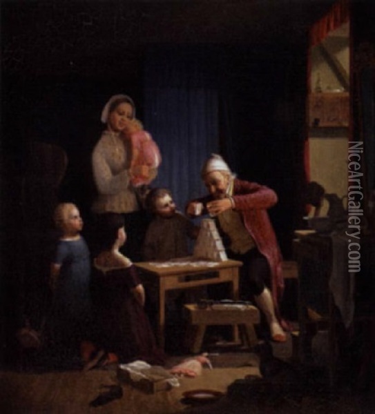 Far Bygger Korthus, Mens Mor Og Bornen Ser Beundrende Til Oil Painting - Wilhelm Thomas Pedersen