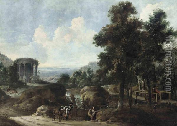 An Italianate Landscape With Peasants On A Track By A Stream, Witha Couple Crossing A Bridge, A Classical Temple Beyond Oil Painting - Jacob De Heusch
