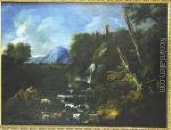A Mountainous Landscape With A Waterfall Oil Painting - Salvator Rosa