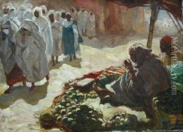 Marokkaans Markttafereel - Scene D'un Marche Marocain. Oil Painting - Georges Bouillon