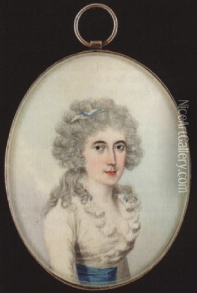 A Lady Wearing Blue And White Striped Bandeau In Her Hair And Decollete White Dress With Frilled Collar And Blue Waistband Oil Painting - Frederick Buck