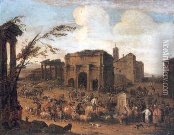 A Capriccio Of A Roman Marketplace With Peasants And Levants At A Fountain Oil Painting - Peeter van Bredael