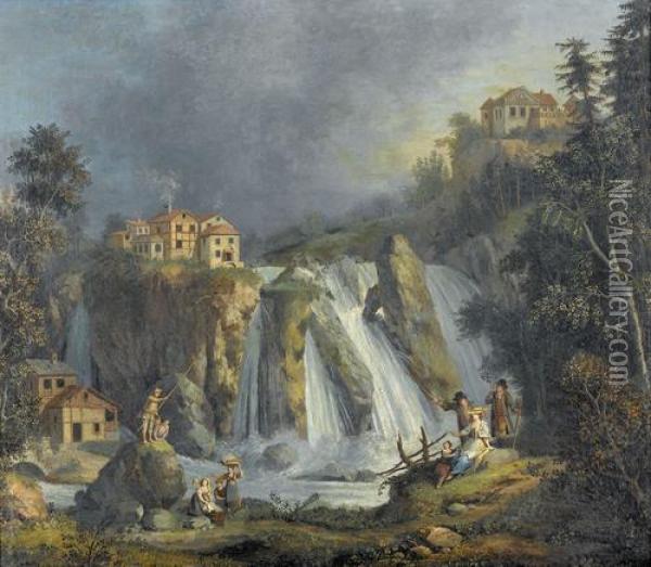 Zwei Landschaften Mit Wasserfallen. Gegenstucke Oil Painting - Giovanni Battista Colombo