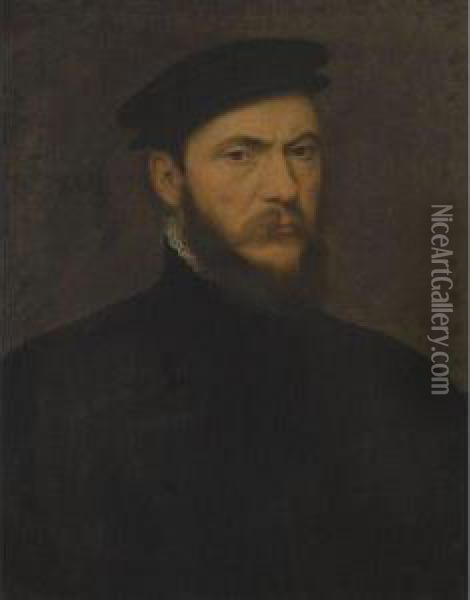 Portrait Of A Bearded Gentleman, Half Length, Wearing A Black Shirtand Black Hat Oil Painting - Giacomo Antonio Moro