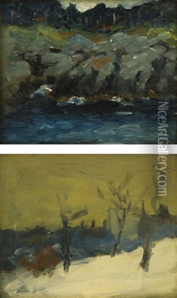 Grey Cliffs (+ Trees In Winter, 1903; 2 Works) Oil Painting - Robert Henri