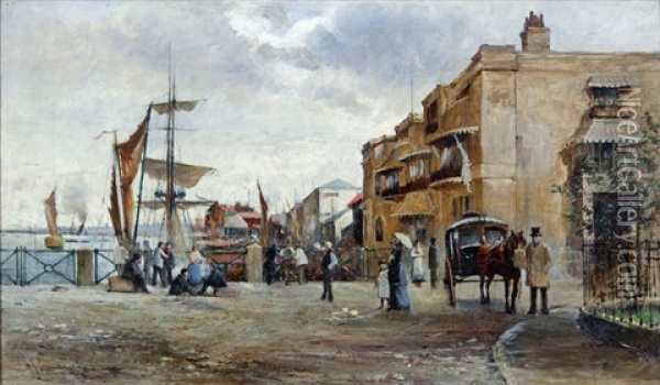 A View Of A Seaside Town With Regency Houses, A Carriage, Figures And Shipping Oil Painting - Charles James Lauder