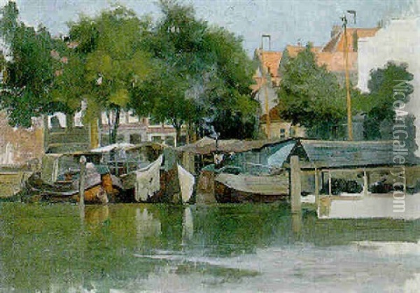 Barges On A Sunlit Canal, Amsterdam Oil Painting - Robert Payton Reid