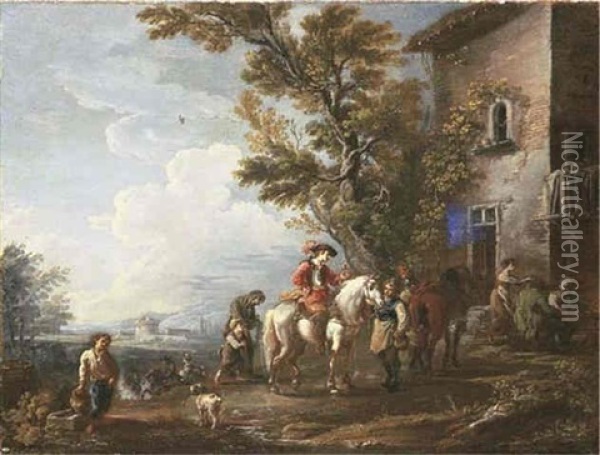 An Italian Landscape With Horsemen Halting At An Inn Oil Painting - Vittorio Amadeo Cignaroli