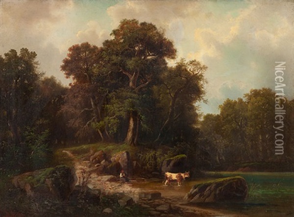 Teichlandschaft Mit Bauerin Und Kuh Oil Painting - Albert Rieger