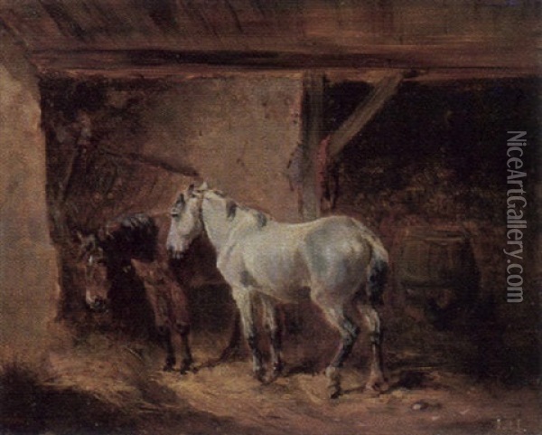 Zwei Pferde Im Stall Bei Der Futterkrippe Oil Painting - Ludwig Hartmann