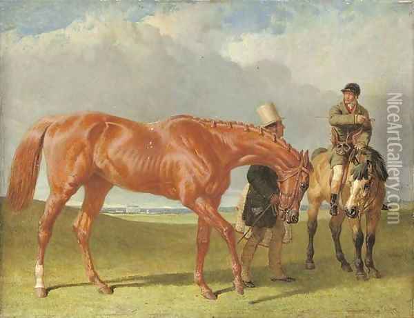 Bribery held by Alec Taylor Sen. (her trainer), the jockey Nat Flatman on a hack, Winchester racecourse beyond Oil Painting - John Frederick Herring Snr