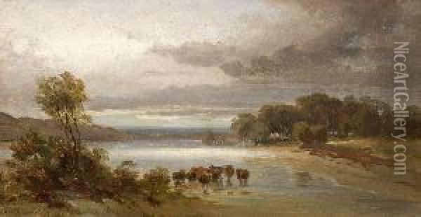 Landschaft Mit Rinderherde In Der
 Schwemme. Oil Painting - Eduard I Schleich